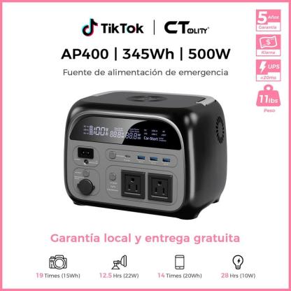 CTOLITY AP400 Generador Solar Portátil 346Wh 500W Batería LiFePO4 150W Carga Rápida Inalámbrica 4000+ Ciclos UPS Instantáneo para Cortes de Luz Emergencias Respaldo de Energía Camping Viajes Hogar Exterior Generador Eléctrico Portátil Batería de Respaldo 