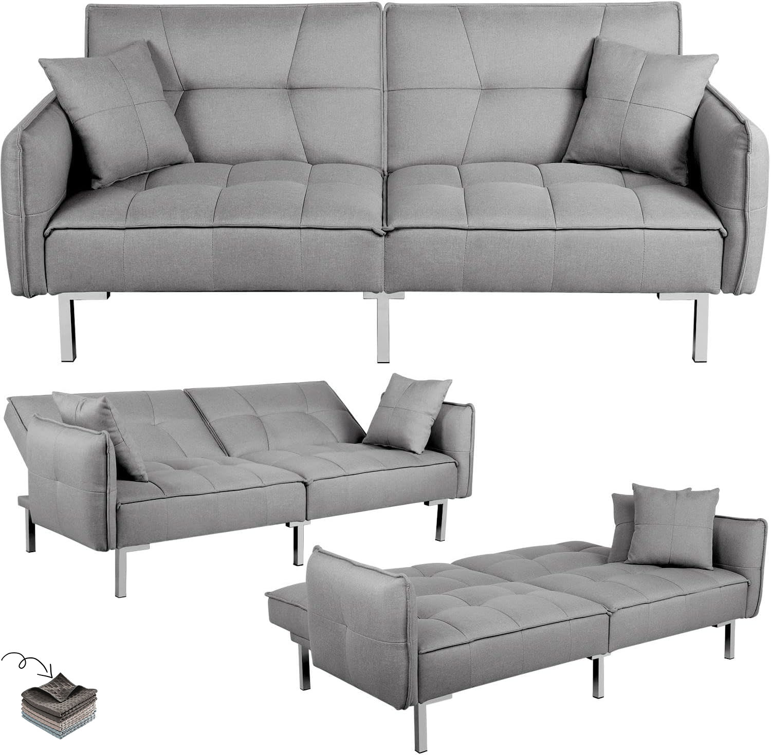 Yaheetech Sofá cama convertible moderno futón sofás, cama plegable y abajo, tela de lino reclinable para sala de estar, color gris