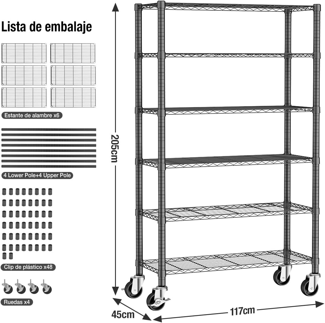MXLENOBLE Estante de 5 repisas, Estantería de Almacenamiento Ajustable de estantes, Resistente en Ruedas de 4 Pulgadas, Estante Organizador de Metal, Cromado (IC085-B)