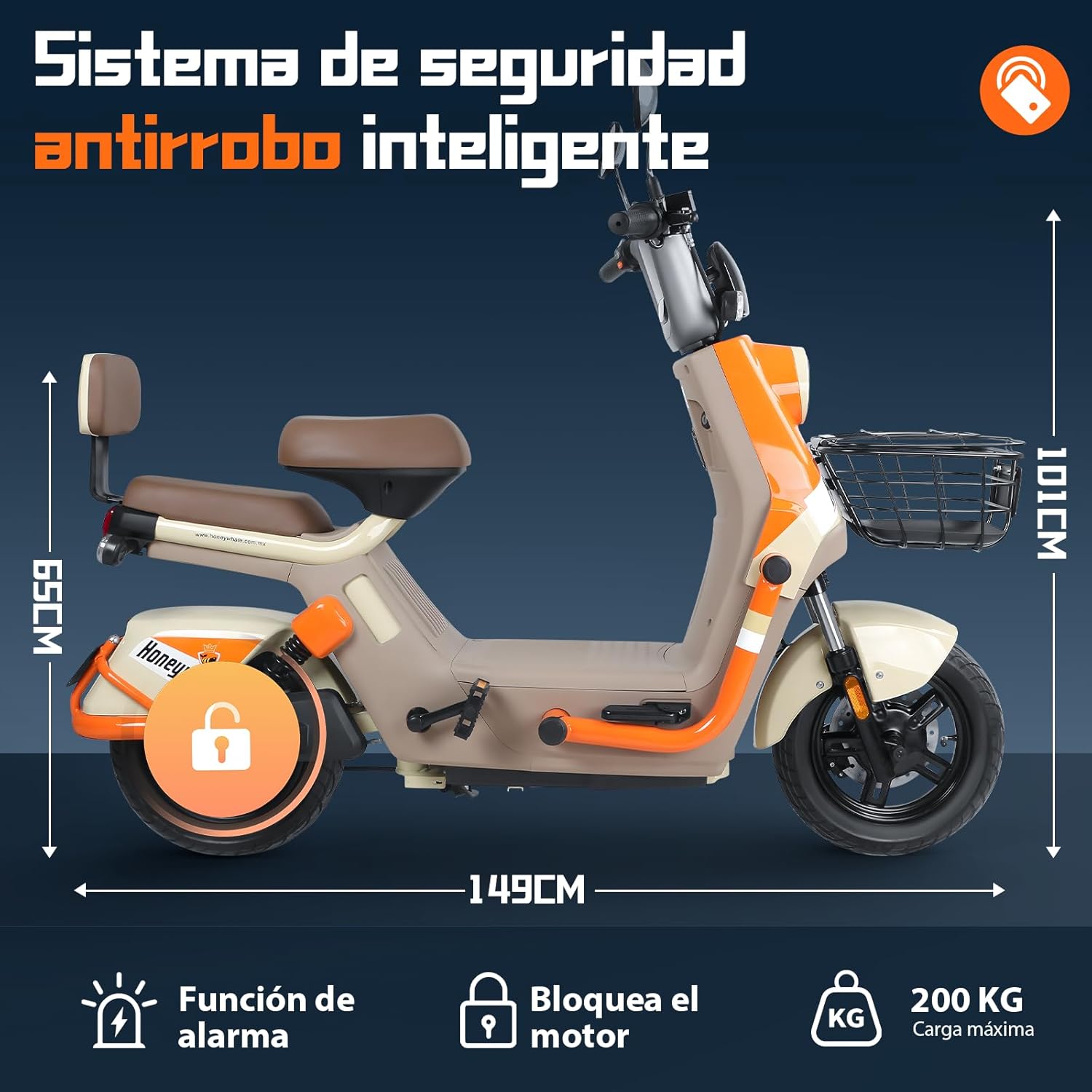 HONEYWHALE KC PRO Bicicleta Electrica para Adultos, Moto Electrica con Alarma, Potencia Motor Hasta 800W, Velocidad Máxima 45KM/H, Autonomía 60KM, Compatible con Desbloqueo NFC