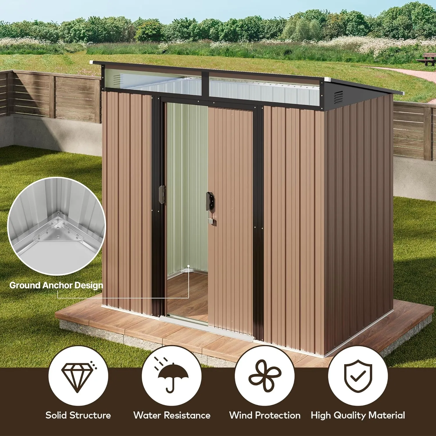Gizoon - Cobertizo de almacenamiento para exteriores de metal de 6 x 4 pies, cobertizo de jardín con puertas correderas con cerradura, versátil cobertizo para bicicletas con ventanas de panel