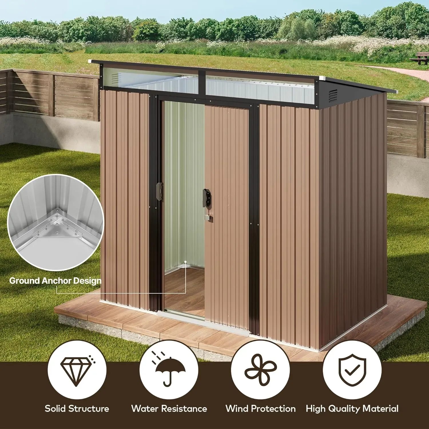 Gizoon - Cobertizo de almacenamiento para exteriores de metal de 6 x 4 pies, cobertizo de jardín con puertas correderas con cerradura, versátil cobertizo para bicicletas con ventanas de panel