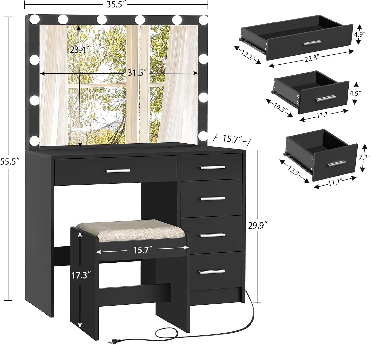 usikey - cambiador de maquillaje con 12 luces, computadora de cambiador con toma de corriente, mesa de maquillaje con 5 cajones, espejo grande, cambiador con taburete para recámara, baño, negro