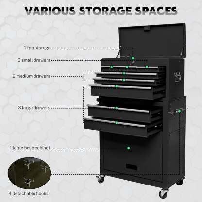 Seizeen Caja de herramientas y gabinete 2 en 1, organizador de caja de herramientas con ruedas de 8 cajones de gran capacidad, con ruedas, con cerradura, negro ----- Guantes