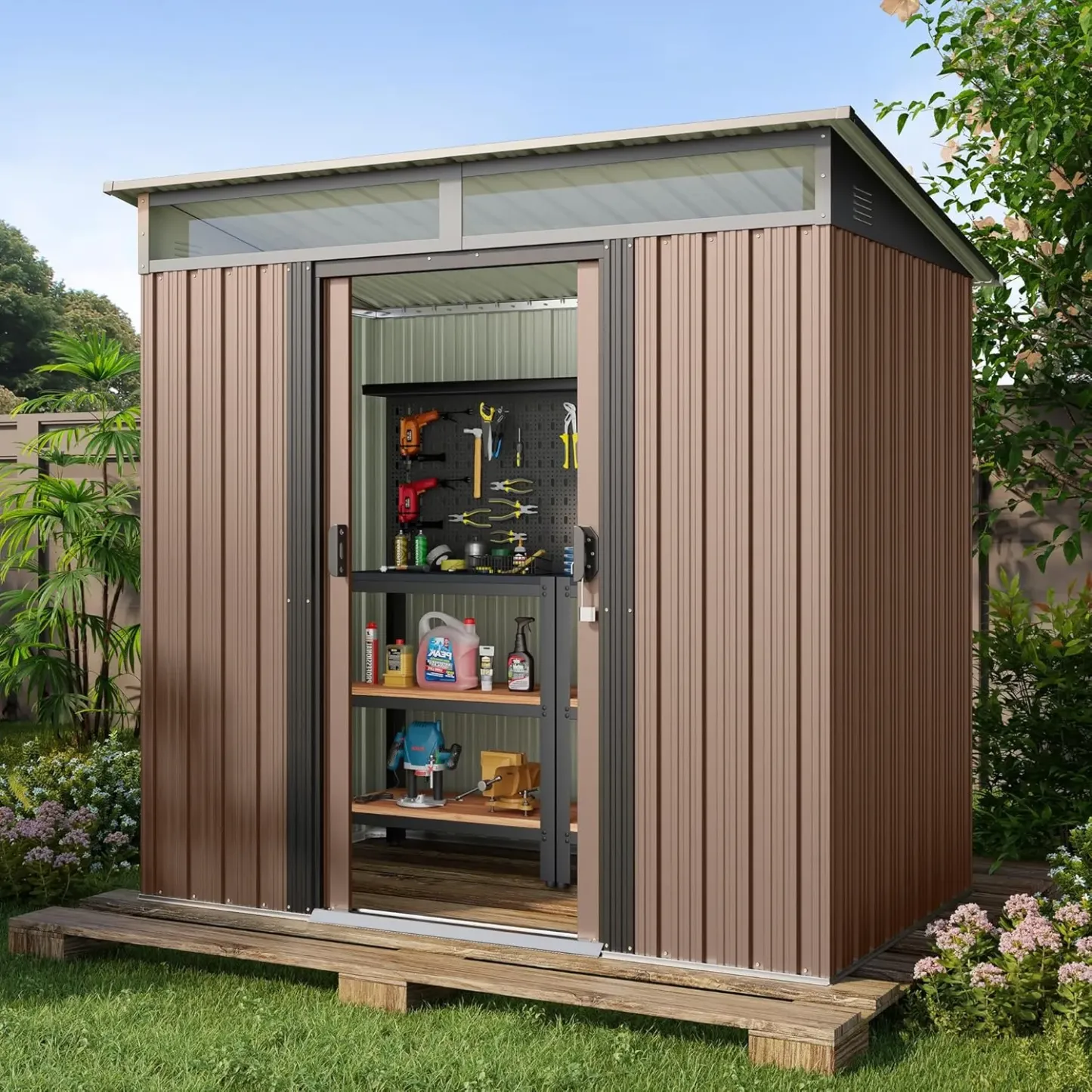 Gizoon - Cobertizo de almacenamiento para exteriores de metal de 6 x 4 pies, cobertizo de jardín con puertas correderas con cerradura, versátil cobertizo para bicicletas con ventanas de panel