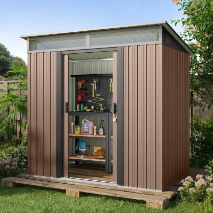 Gizoon - Cobertizo de almacenamiento para exteriores de metal de 6 x 4 pies, cobertizo de jardín con puertas correderas con cerradura, versátil cobertizo para bicicletas con ventanas de panel