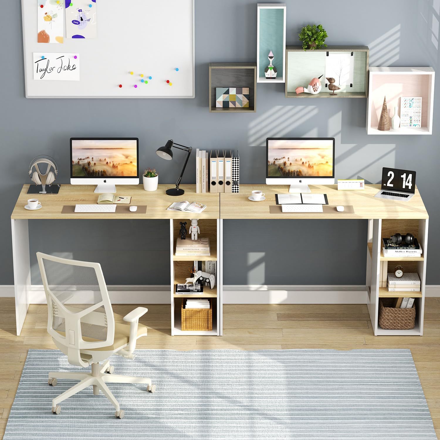 FurnitureR Escritorio para Computadora de Oficina con Almacenamiento Escritorio de Trabajo y Estudio con 5 Estantes Mesa Portátil para Estudiantes Escritorio de Escritura Moderno Haya y Blanco-Bolígrafo de carbono metálico, bolígrafo de firma negro.