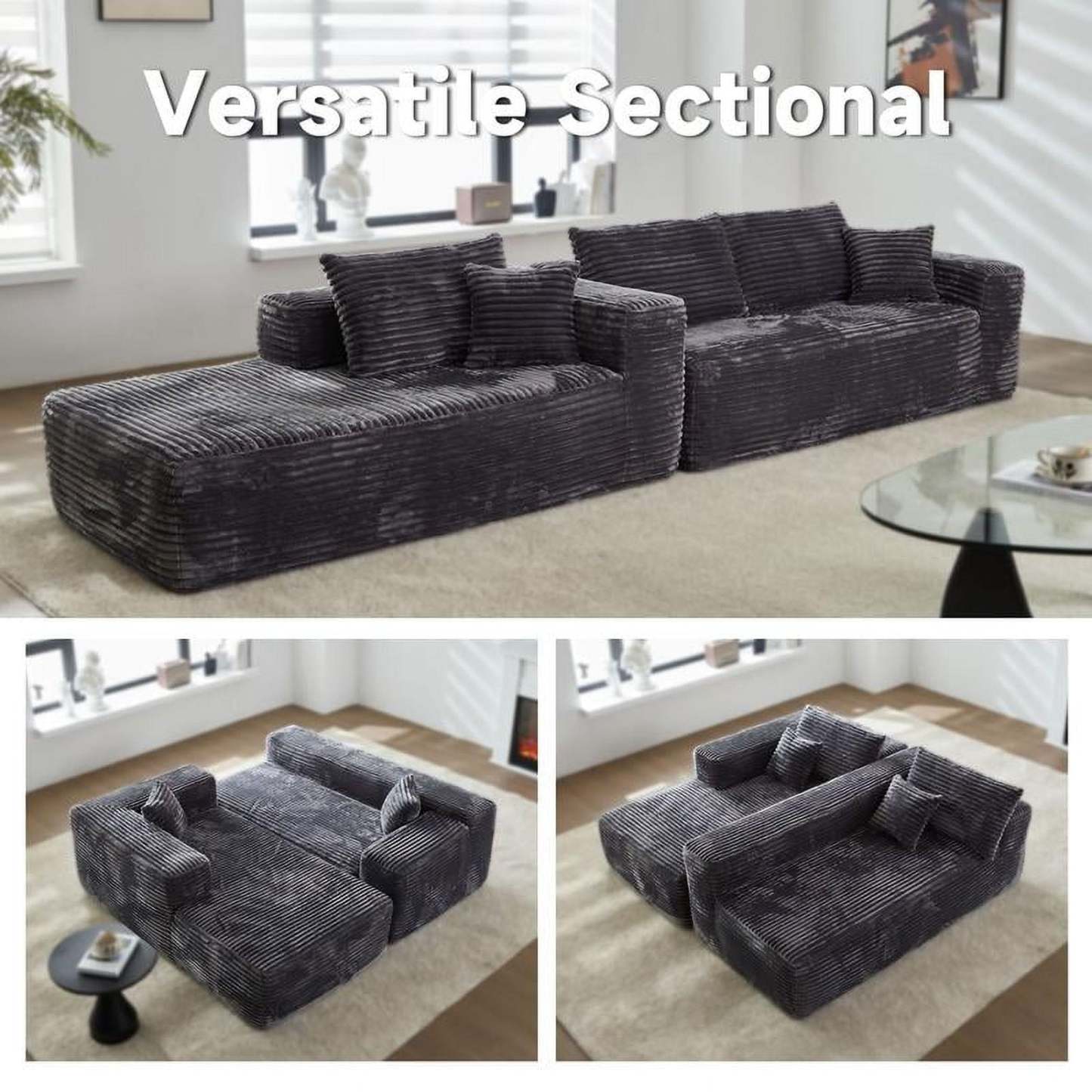 【2 Packages Shipping】Ovios 104" Plush Corduroy Cloud Velvet Modular Couch with Chaise, No Assembly Required - L-Shaped Sectional Sofa Set with Flexible Configuration - 104"W x 67.7"D x 30"H, 3 Seater
