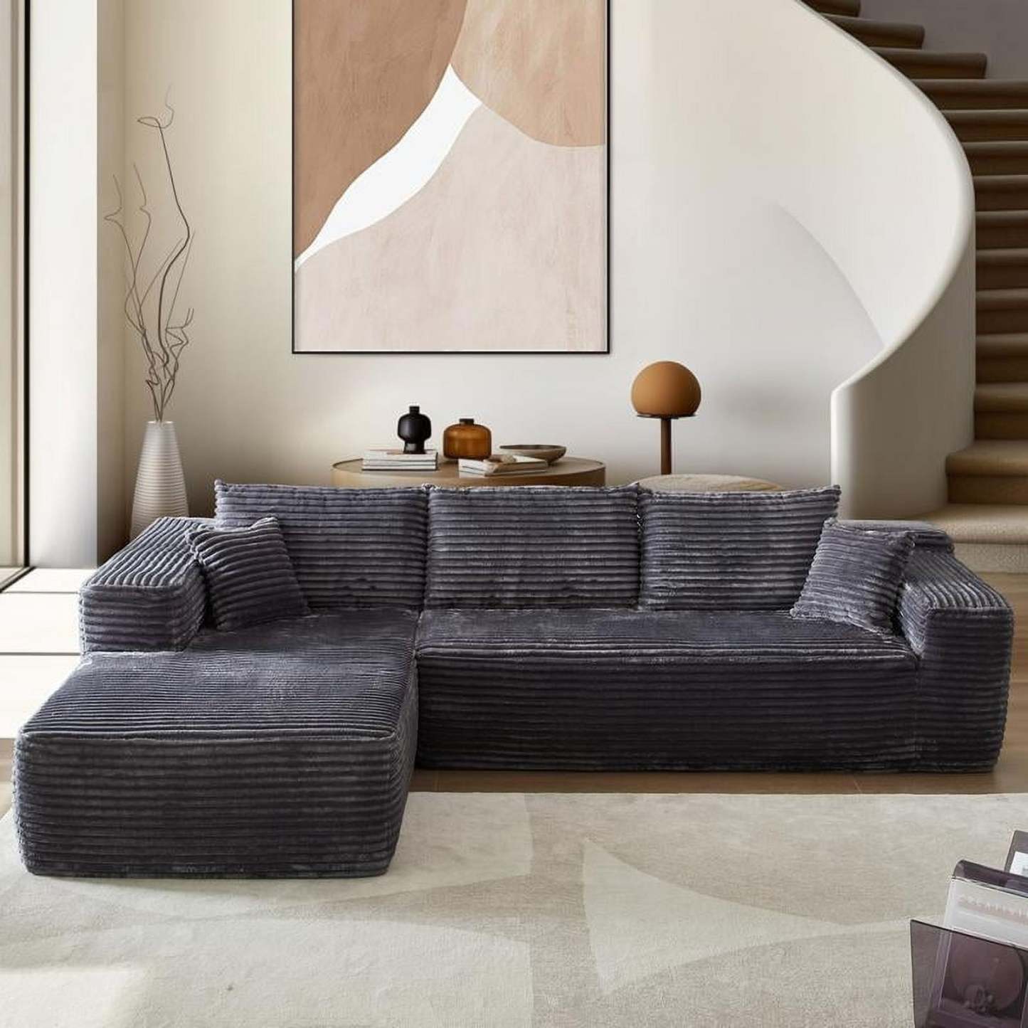 【2 Packages Shipping】Ovios 104" Plush Corduroy Cloud Velvet Modular Couch with Chaise, No Assembly Required - L-Shaped Sectional Sofa Set with Flexible Configuration - 104"W x 67.7"D x 30"H, 3 Seater