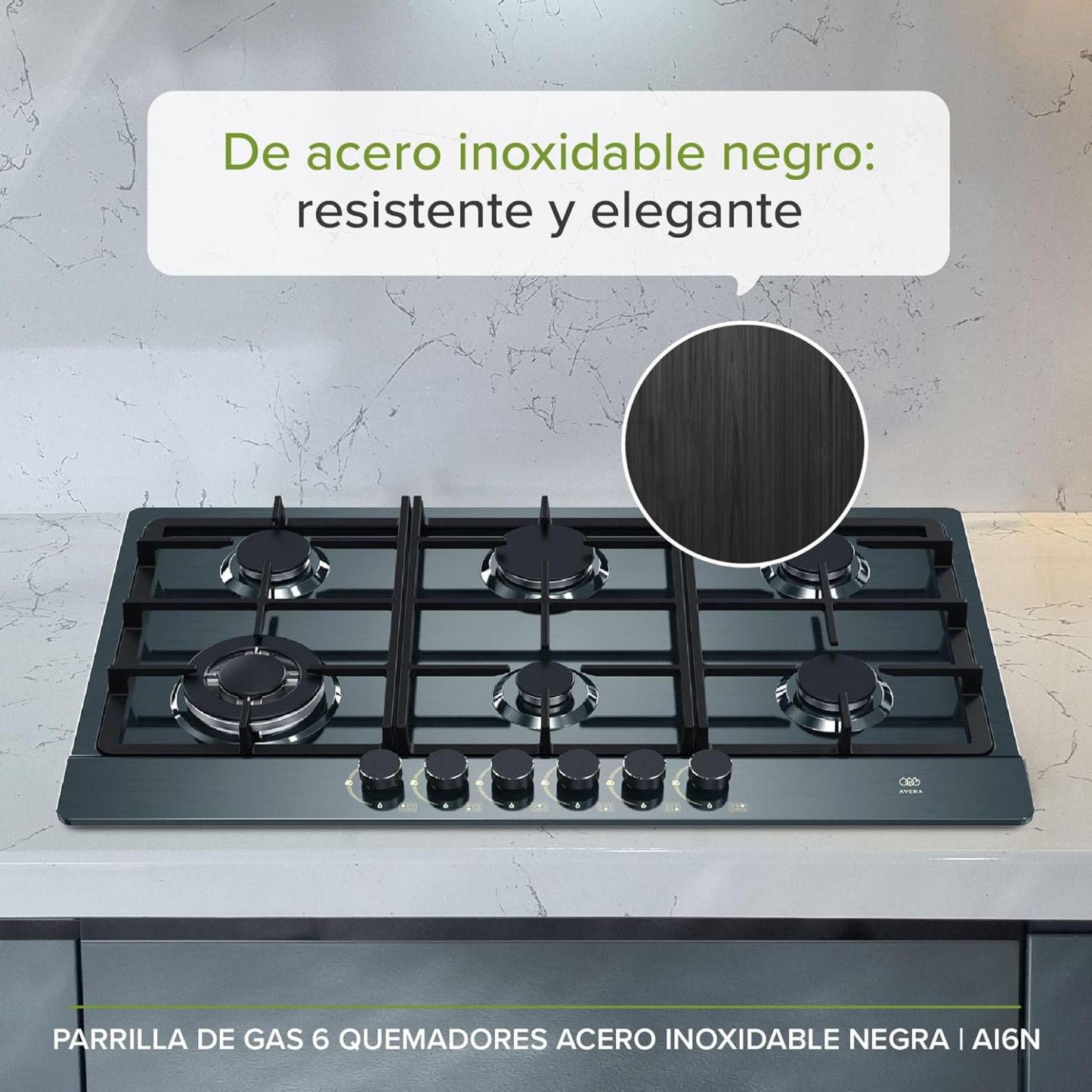 AVERA Parrilla de Gas 6 Quemadores 86cm, Acero Inoxidable Color Negro, Empotrable, Soportes de Hierro Fundido, Encendido Electronico, Estufa Empotrable, Compatible con Gas LP y Gas Natural, AI6N