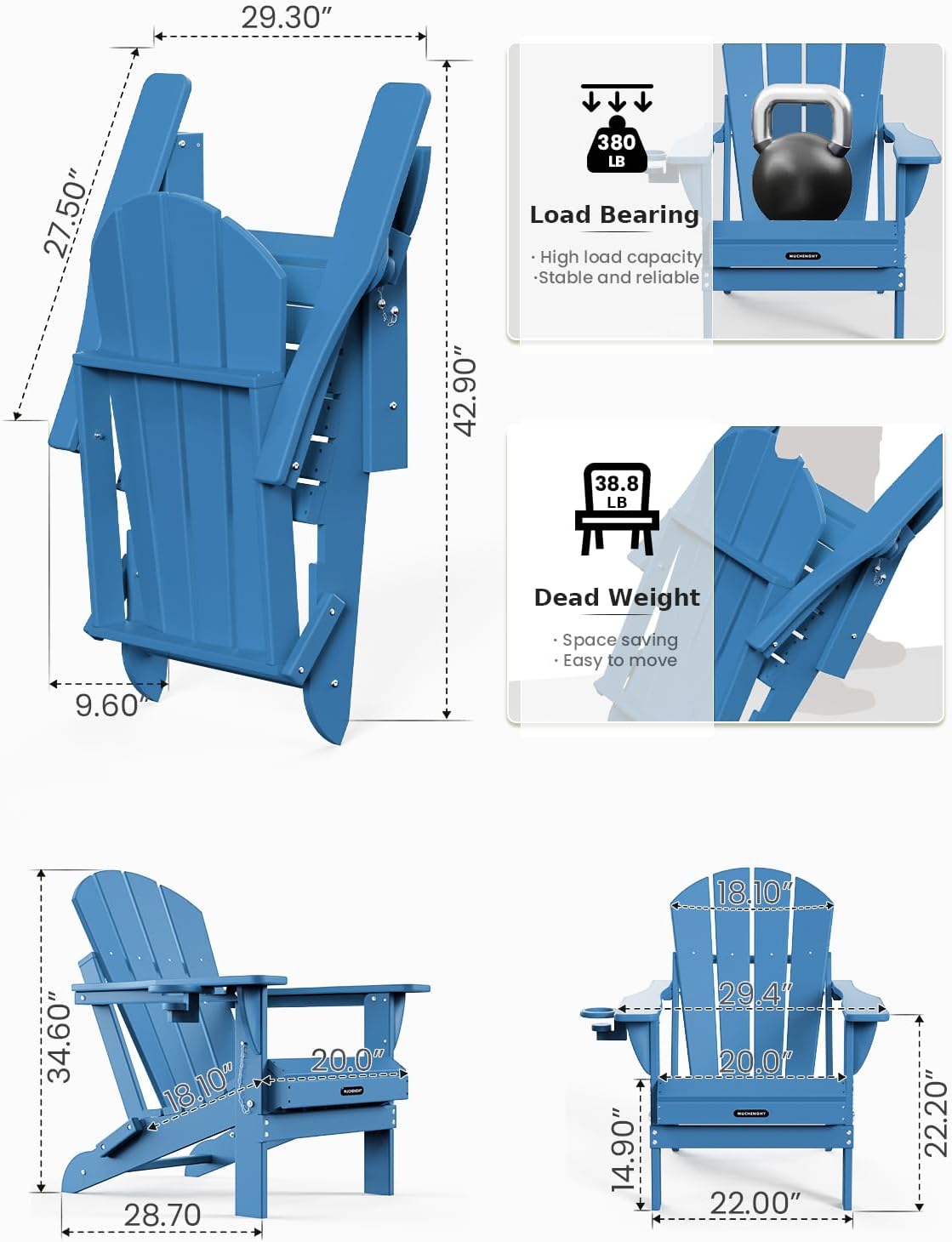 MUCHENGHY Sillas plegables Adirondack, sillas de patio, sillas para hogueras, sillas de exterior, sillas Adirondack de plástico, sillas de césped resistentes a la intemperie con portavasos para terraza, patio trasero, jardín (negro)