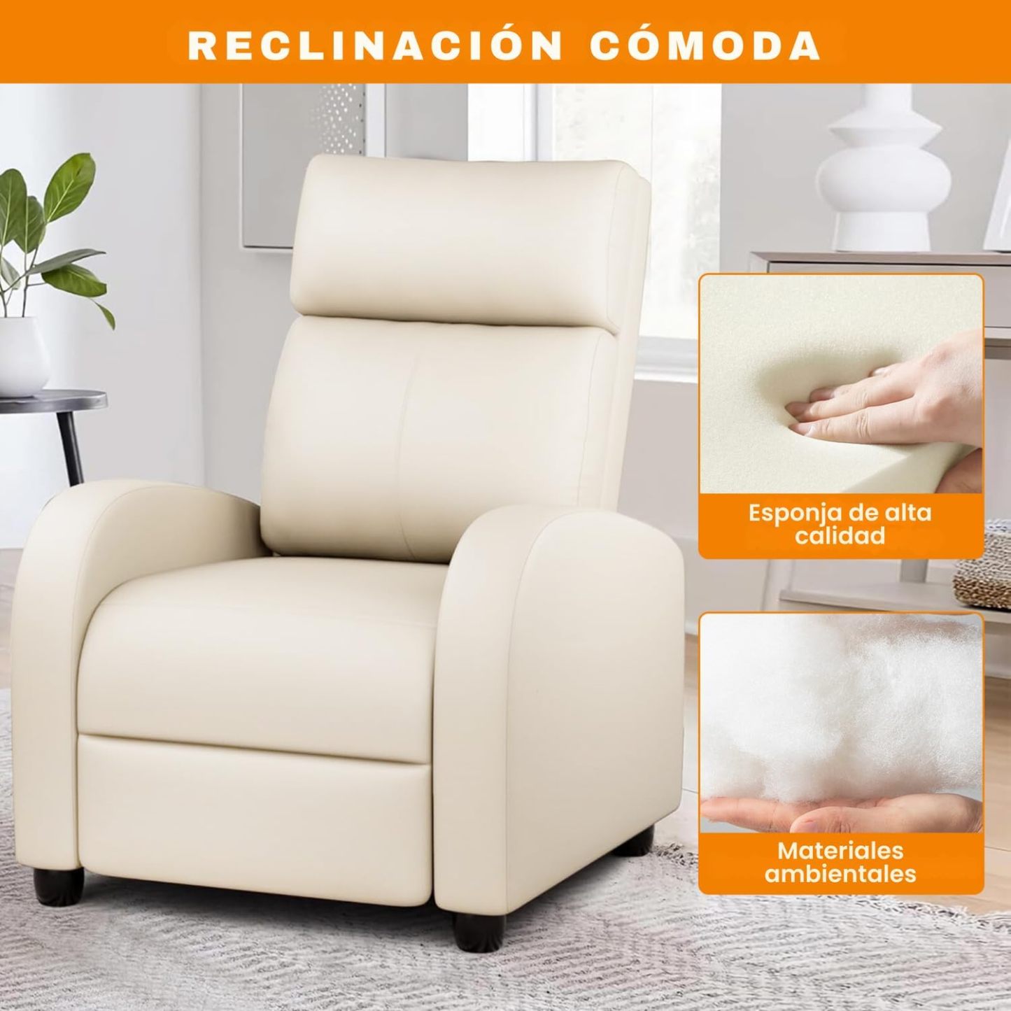 FABATO Sillon Individual-Sillon Reclinable Adultos Tipo Cine 8 Modos de Masaje con Soporte Lumbar, Reposapiés Retráctil y 3 Posiciones -Tu Mecedora Adulto de Cuero Ideal para tu casa (Crema)