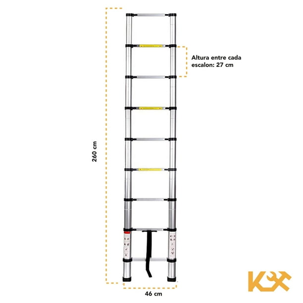 Escalera Telescópica De Aluminio Plegable 2.6 M 9 Escalones. Kingsman KMET26