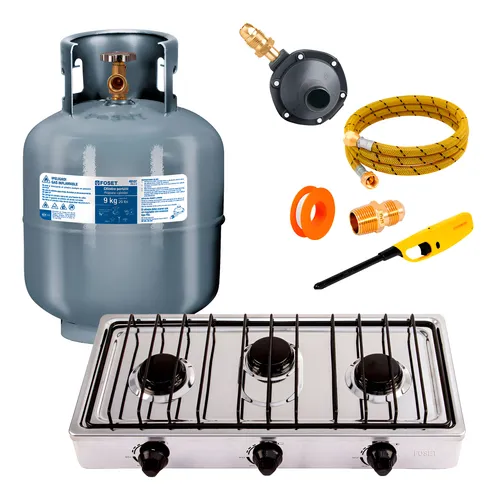 Kit Parrilla 3 Quedamores C/ Tanque Gas 9kg Y Instalacion Gris