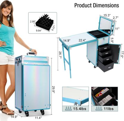 Icoget - Mesa portátil de uñas para enseñanza de uñas, mesa de manicura enrollable mejorada, estación de maquillaje con altavoz Bluetooth y luz LED, carrito organizador de computadora plegable de