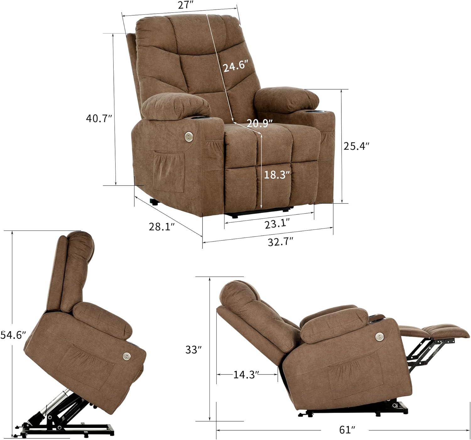 YITAHOME Silla reclinable con elevación eléctrica para Ancianos, Silla reclinable de Tela con Masaje y Calor, Asiento Espacioso, Puertos USB, portavasos, Bolsillos Laterales, Control Remoto (café)
