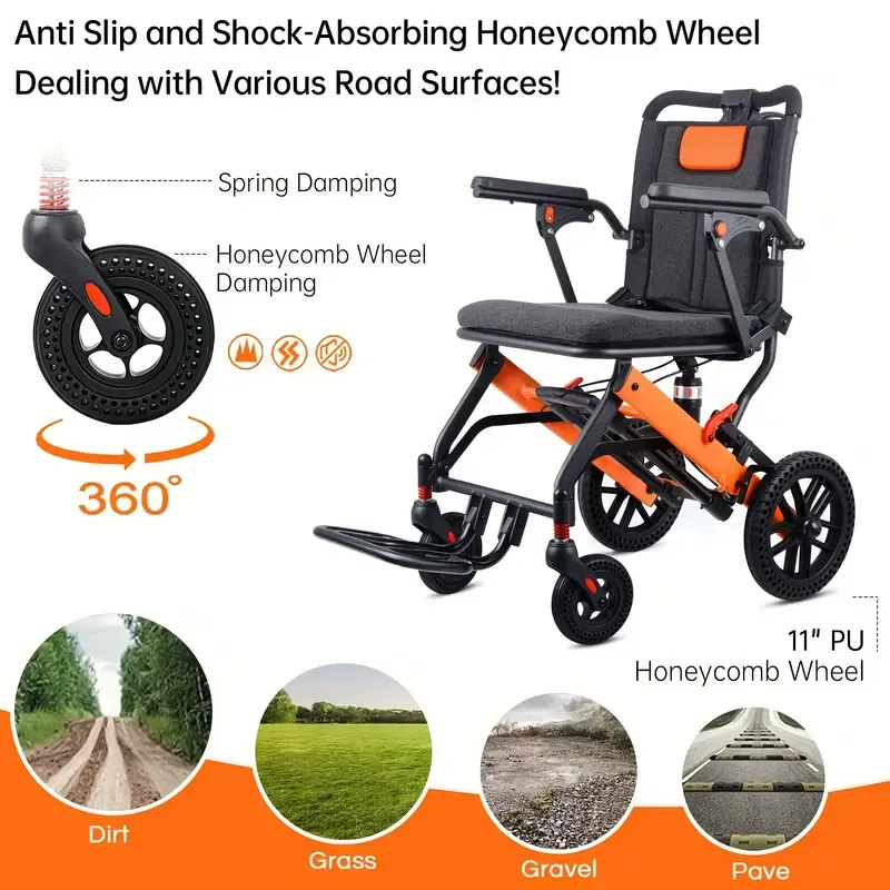 Silla de ruedas ligera para adultos con mango telescópico, silla de ruedas de transporte plegable, peso 26.7 libras, para personas mayores, soporta 220 libras, gris oscuro, fina silla de ruedas para regalo de Halloween o Navidad.