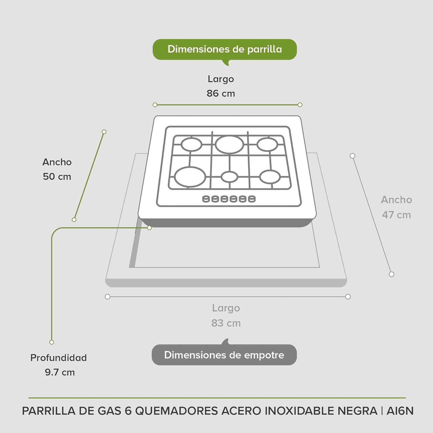 AVERA Parrilla de Gas 6 Quemadores 86cm, Acero Inoxidable Color Negro, Empotrable, Soportes de Hierro Fundido, Encendido Electronico, Estufa Empotrable, Compatible con Gas LP y Gas Natural, AI6N