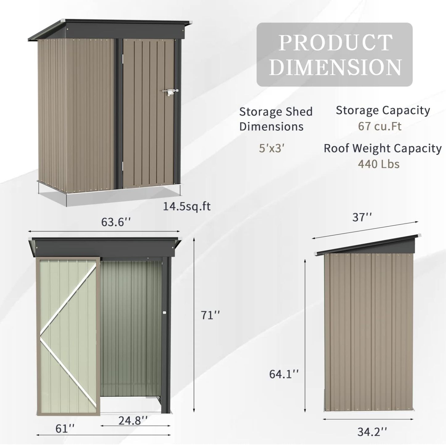Greesum - Cobertizo de almacenamiento de metal para exteriores, 5 pies x 3 pies, herramienta de acero para cobertizo de almacenamiento con puerta y cerradura, para patio trasero, jardín, patio, césped (5 x 3 pulgadas), color café
