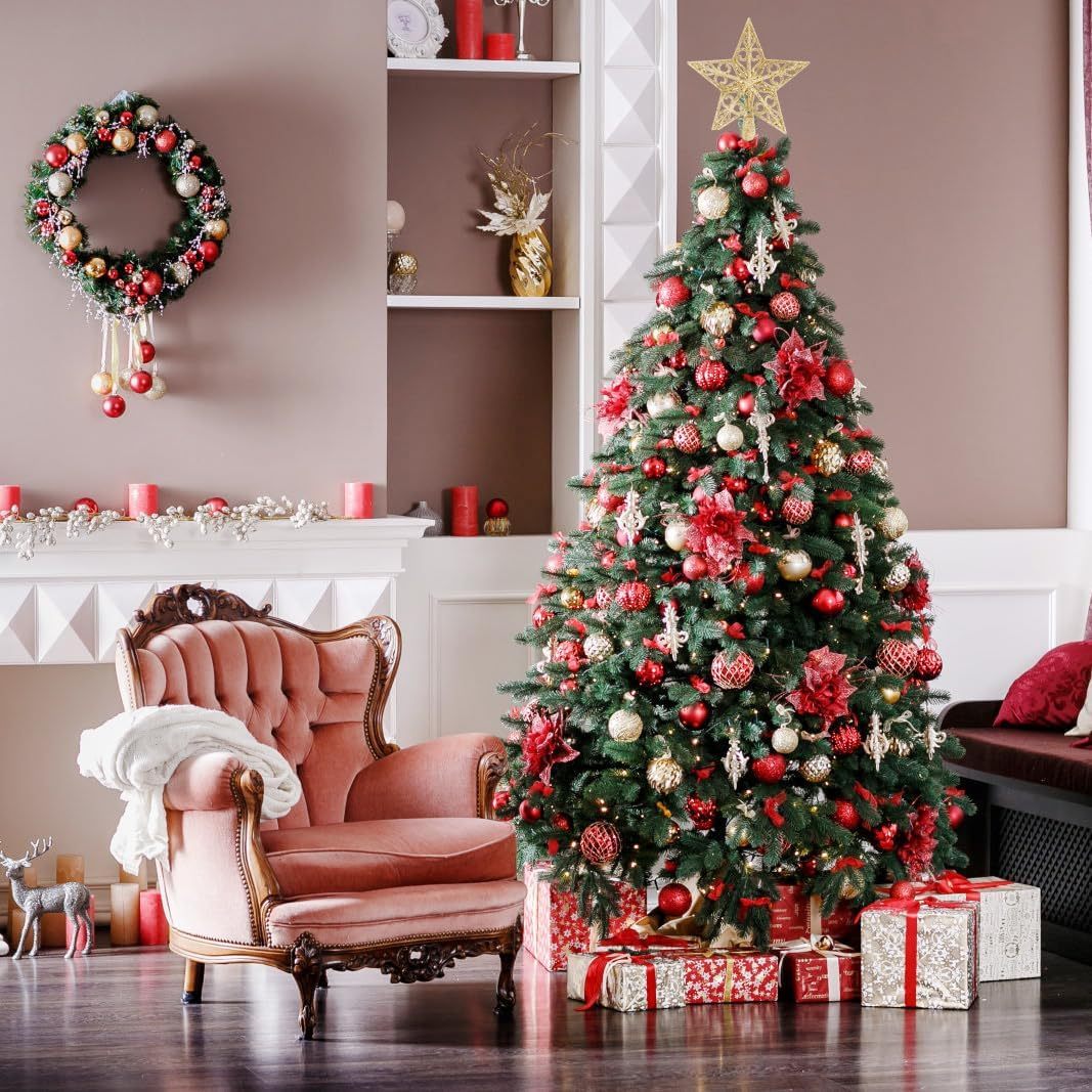 KTKDE Árbol de Navidad artificial de abeto de 7 pies, árbol de Navidad verde realista con 1.450 puntas de árbol, 300 postes de luz LED alimentados por pilas, pentáculo dorado de 7.8 pulgadas, perfecto