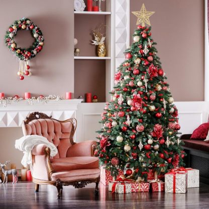 KTKDE Árbol de Navidad artificial de abeto de 7 pies, árbol de Navidad verde realista con 1.450 puntas de árbol, 300 postes de luz LED alimentados por pilas, pentáculo dorado de 7.8 pulgadas, perfecto