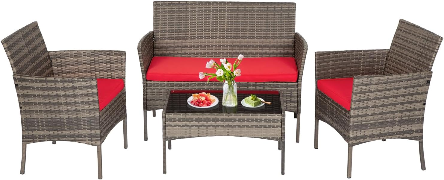 FDW - Juego de 4 muebles para exteriores, juego de conversación de mimbre con silla de ratán, mesa de centro para exteriores, interiores, jardín, patio, porche, terraza, balcón, cojines de mimbre
