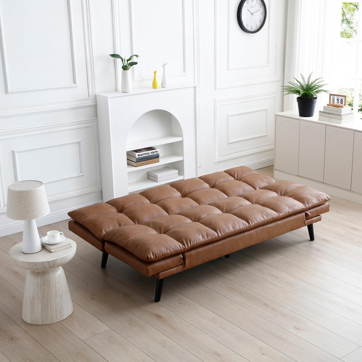VANLIG | Sofá Cama Moderno de Vinipiel | Acolchado Futón Munich | Multiusos Ajustable | para Espacios Pequeños | Alta Calidad Resistente y Duradero | Color Café
