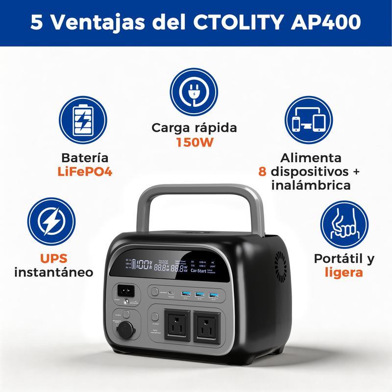 CTOLITY AP400 Generador Solar Portátil 346Wh 500W Batería LiFePO4 150W Carga Rápida Inalámbrica 4000+ Ciclos UPS Instantáneo para Cortes de Luz Emergencias Respaldo de Energía Camping Viajes Hogar Exterior Generador Eléctrico Portátil Batería de Respaldo 