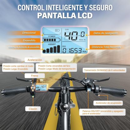 Bicicleta Eléctrica para Adultos,Motor de 500W, con Batería Removible de 48V 10 AH, Velocidad Máxima de 40 km/h, Neumáticos de 26”,Transmisión Shimano 6 velocidades,130kg, VB26 Cruiser