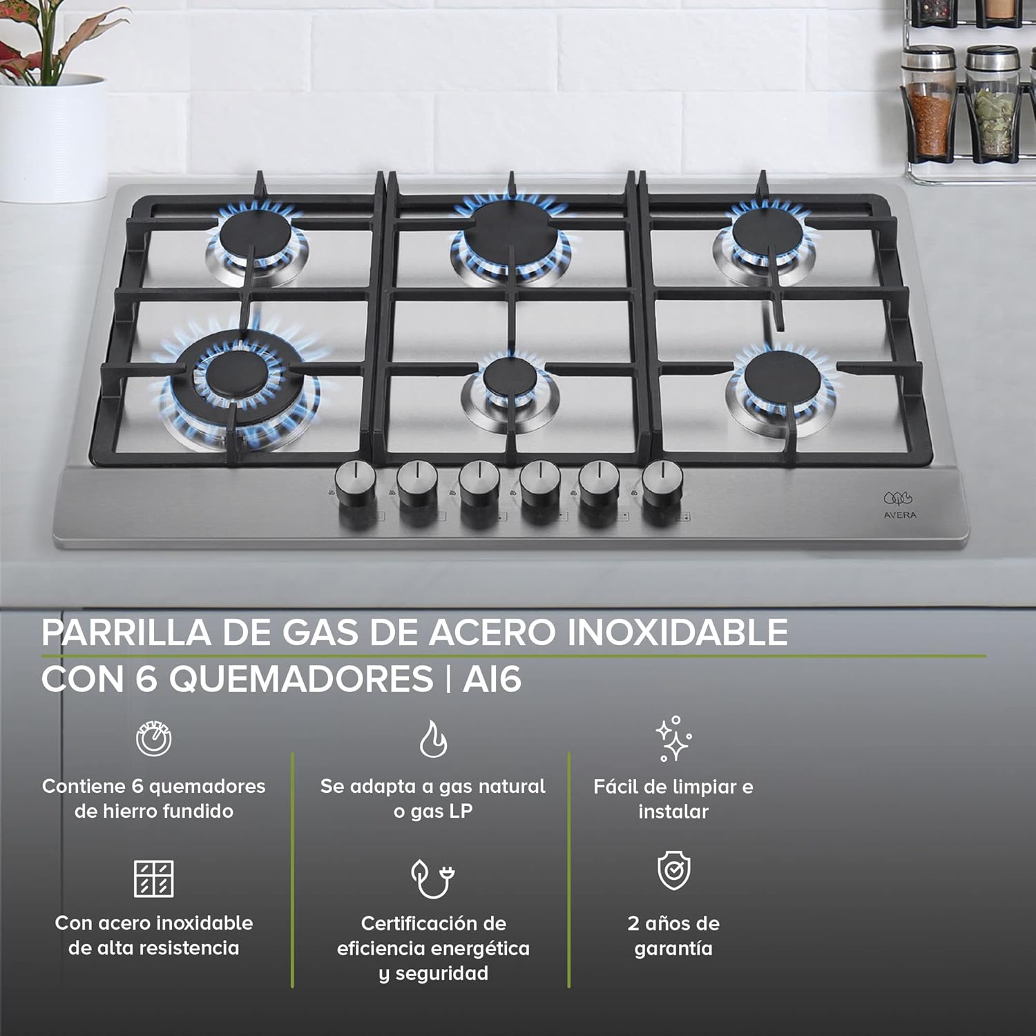 AVERA Parrilla de Gas 6 Quemadores 86cm, Acero Inoxidable Color Negro, Empotrable, Soportes de Hierro Fundido, Encendido Electronico, Estufa Empotrable, Compatible con Gas LP y Gas Natural, AI6N