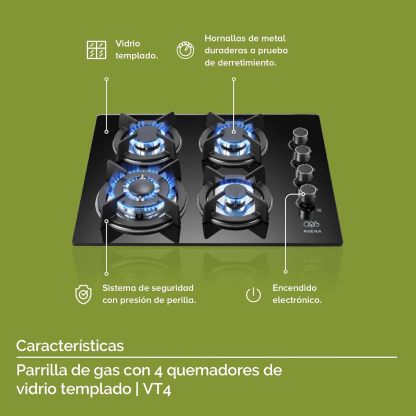 AVERA Combo Parilla y Campana|Parrilla de Gas 4 Quemadores, Vidrio Templado Negro 60cm (Incluye accesorios de Instalación) Encendido Electronico, Estufa Empotrable, para Gas LP y Natural | VT4CEA60N