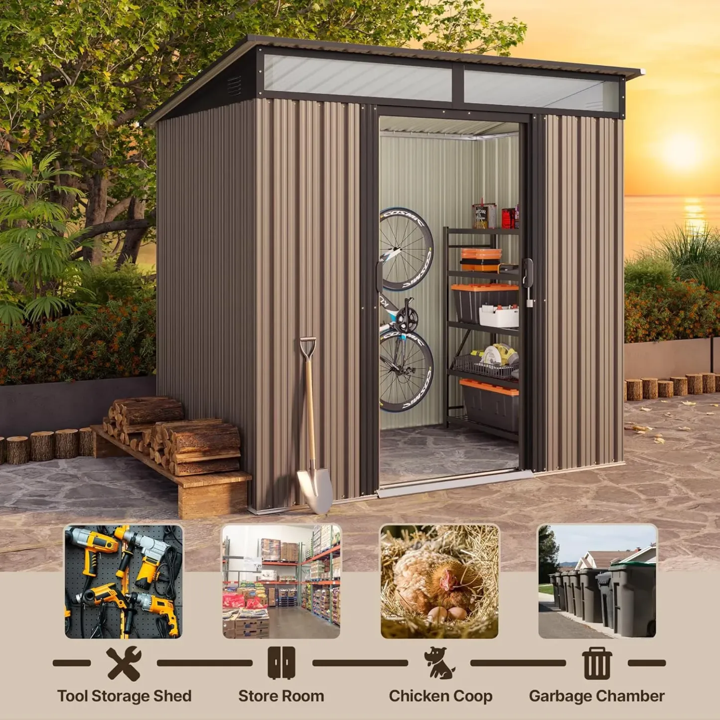 Gizoon - Cobertizo de almacenamiento para exteriores de metal de 6 x 4 pies, cobertizo de jardín con puertas correderas con cerradura, versátil cobertizo para bicicletas con ventanas de panel