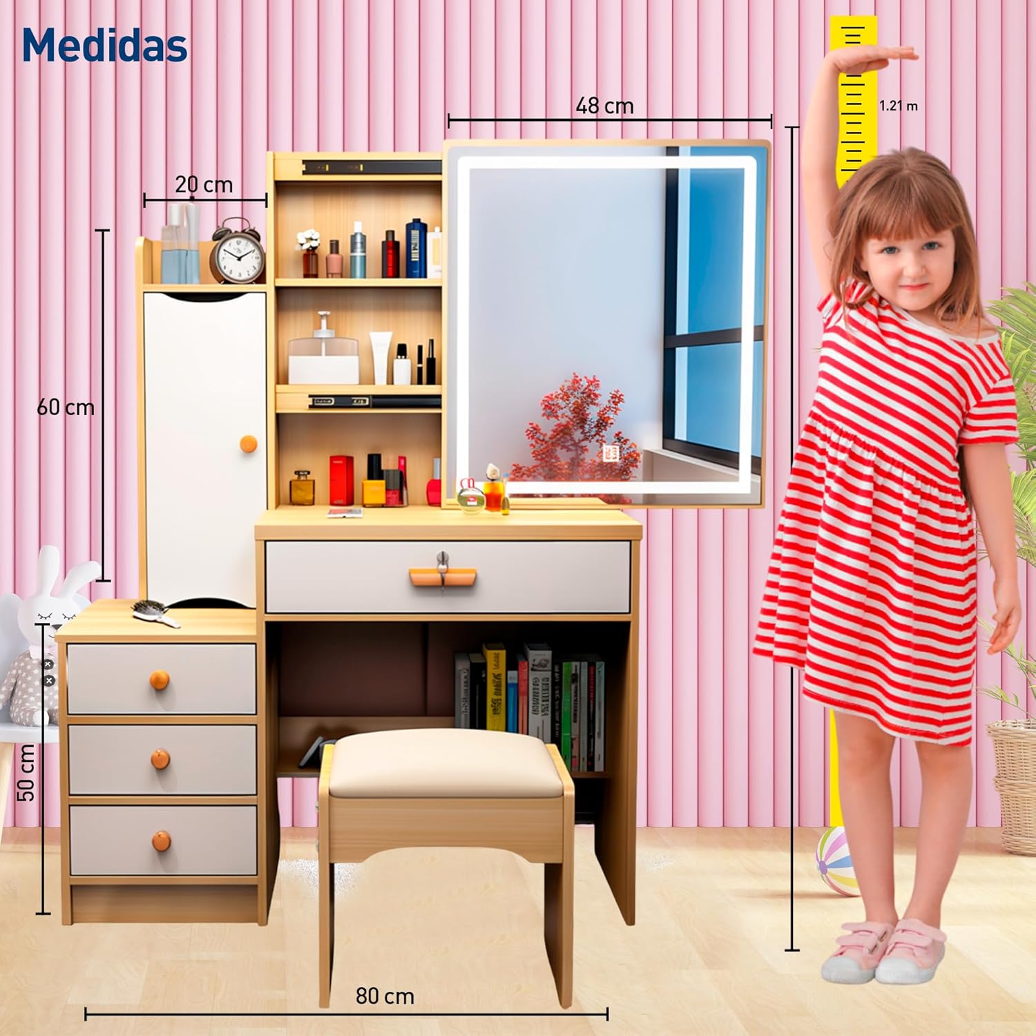 Bluelander Tocador De Niña, Tocador Vanity, Tocador para Niña, Vanity Tocador Hollywood, Tocador de Maquillaje con 4 Cajones, Estantes Ocultos, Incluye Taburete Acolchado, Espejo Led (Gris Claro)