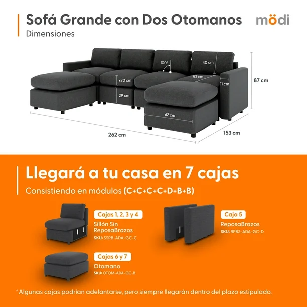 Sofá Seccional Modular Adapti 4 Plazas + Dos Otomano | Gris Carbón