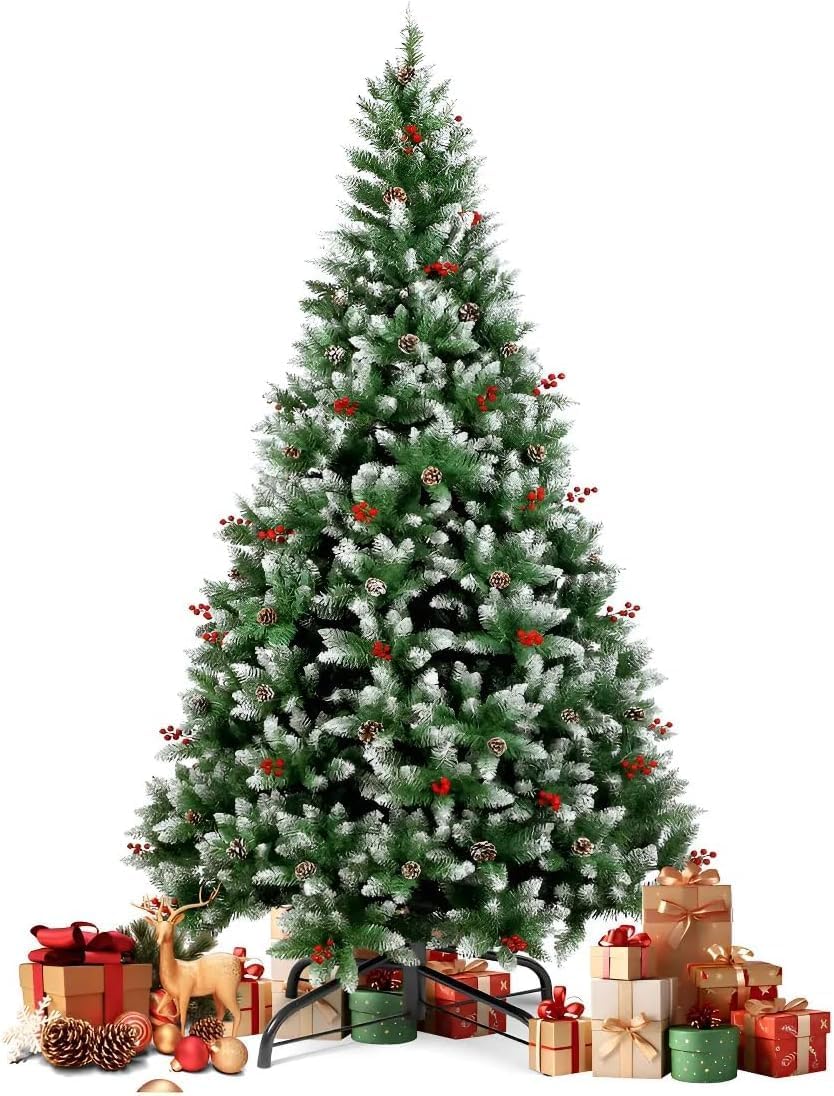 Árbol de Navidad (1.8 M), Árbol de Navidad Artificial, Bayas Rojas y Piñones, Efecto Nevado, Decoración Navideña para Interior y Exterior, Regalo de Navidad