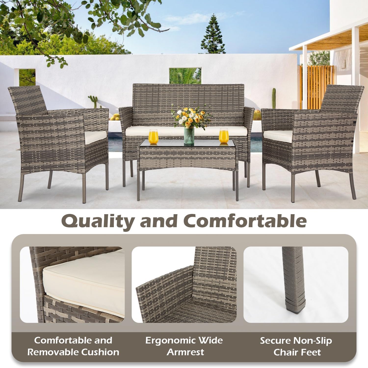 FDW - Juego de 4 muebles para exteriores, juego de conversación de mimbre con silla de ratán, mesa de centro para exteriores, interiores, jardín, patio, porche, terraza, balcón, cojines de mimbre