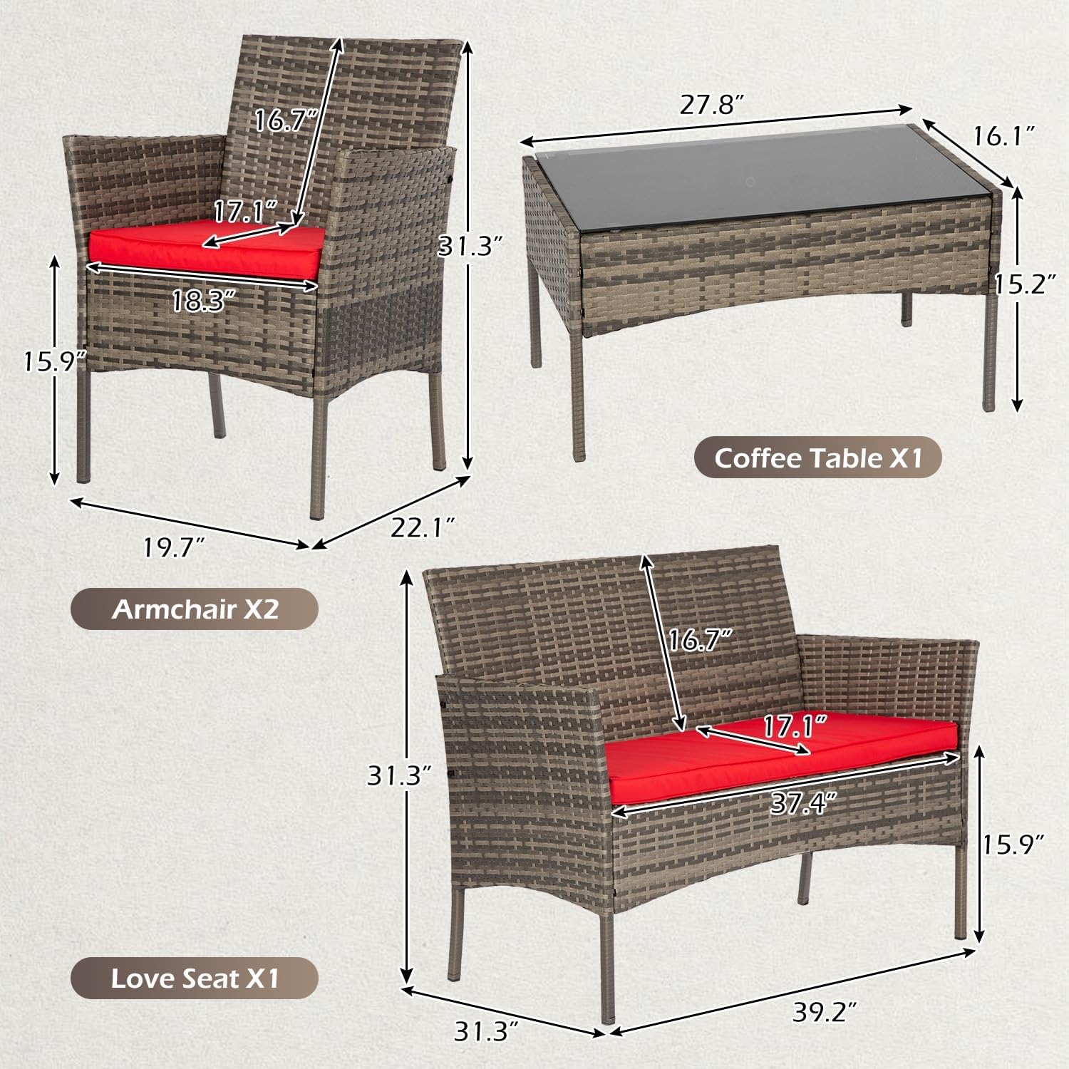 FDW - Juego de 4 muebles para exteriores, juego de conversación de mimbre con silla de ratán, mesa de centro para exteriores, interiores, jardín, patio, porche, terraza, balcón, cojines de mimbre