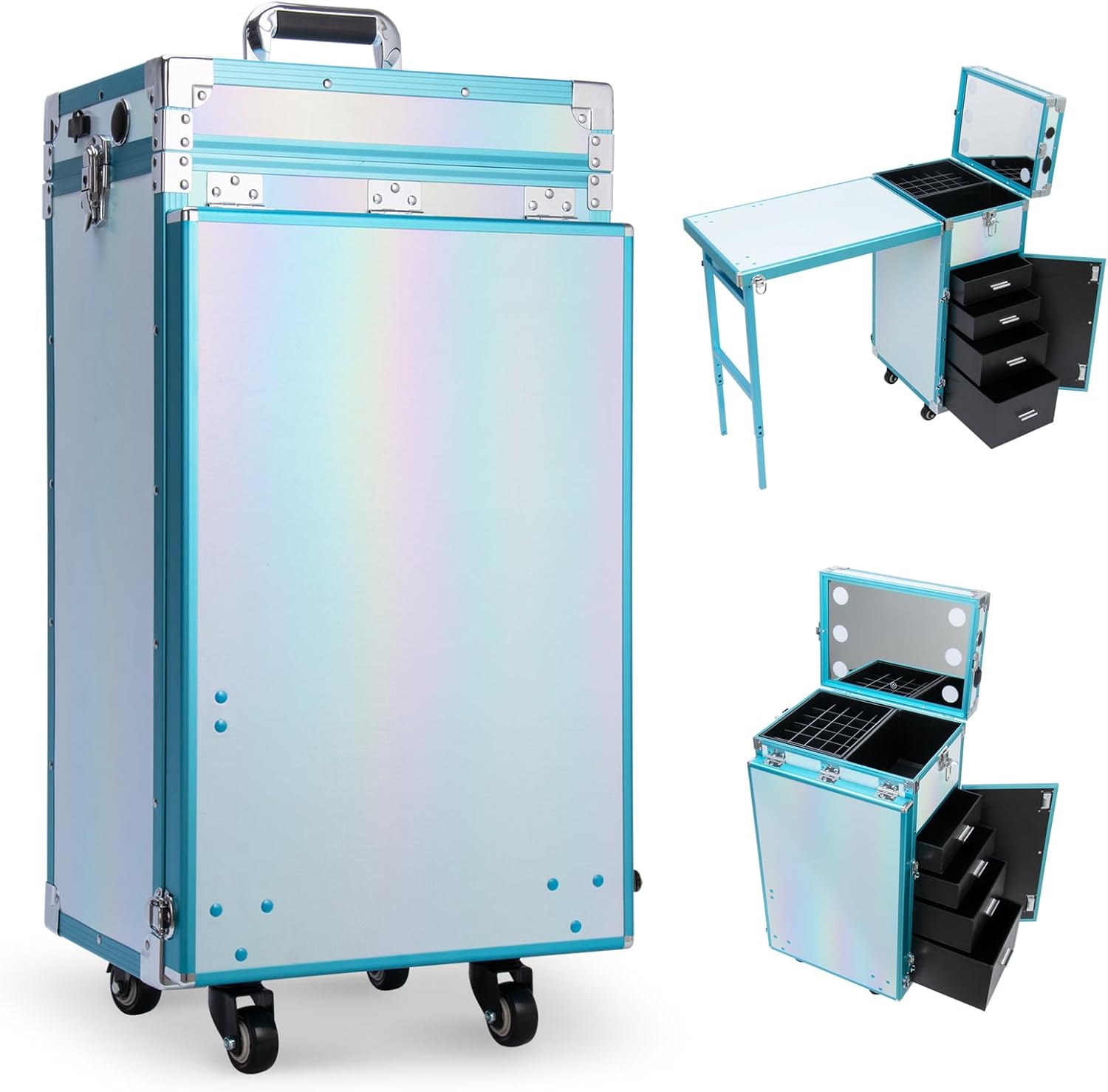 Icoget - Mesa portátil de uñas para enseñanza de uñas, mesa de manicura enrollable mejorada, estación de maquillaje con altavoz Bluetooth y luz LED, carrito organizador de computadora plegable de