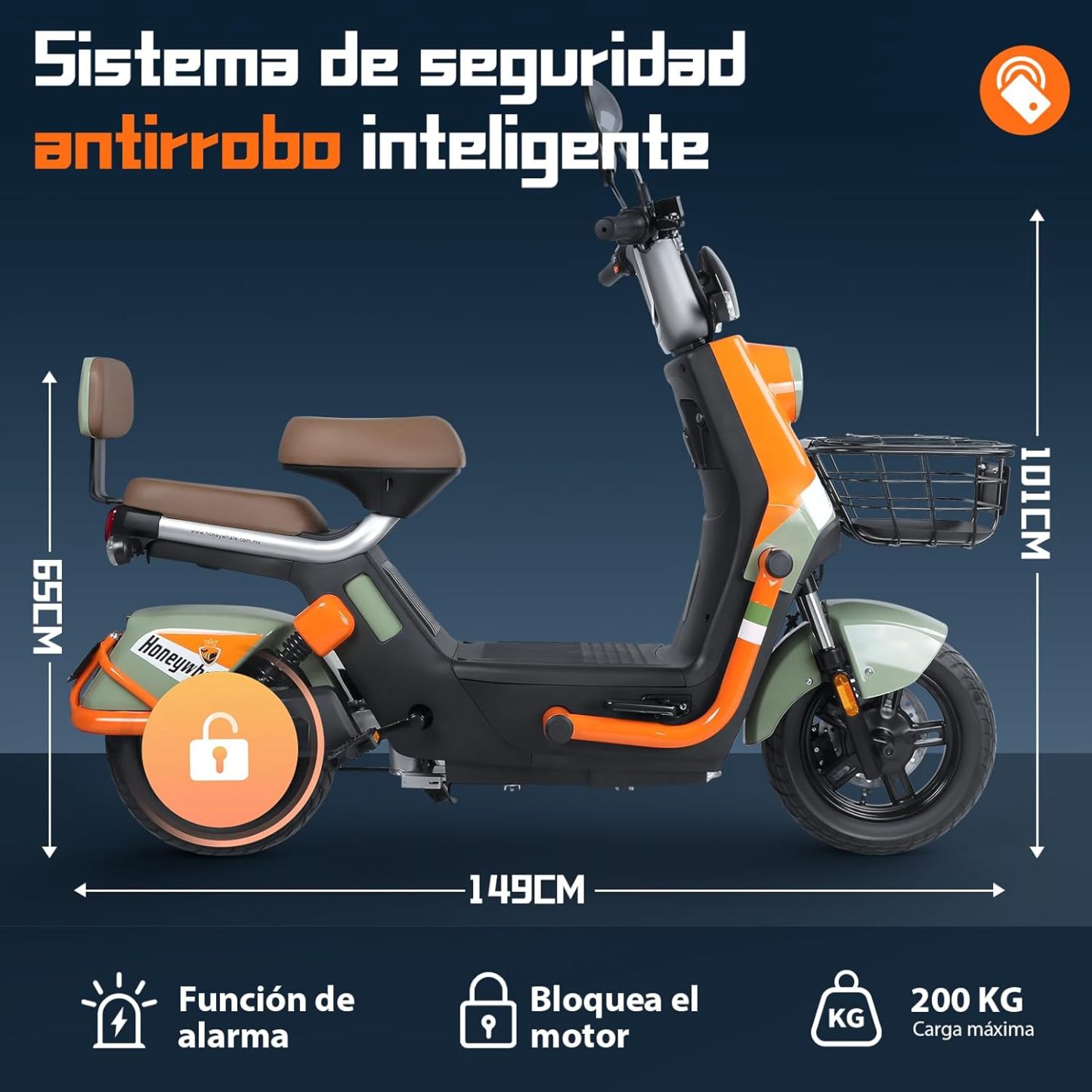 HONEYWHALE KC PRO Bicicleta Electrica para Adultos, Moto Electrica con Alarma, Potencia Motor Hasta 800W, Velocidad Máxima 45KM/H, Autonomía 60KM, Compatible con Desbloqueo NFC