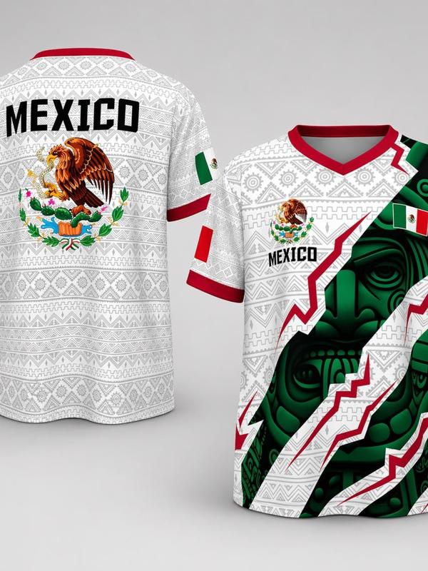 Paquete de 3 piezas：Mexico Soccer Jersey 2026 White, Aztec Pattern Shirt, Mexican Pride Futbol Tee, Eagle Crest Jersey, Mexico Fan Apparel