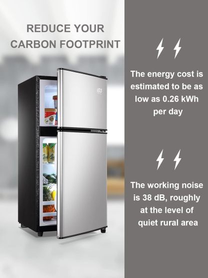 Mini nevera de 3.5 pies cúbicos, refrigerador pequeño, termostato ajustable de 7 niveles, estantes extraíbles con acero inoxidable, 2 puertas para oficina, recámara, departamento, plata,