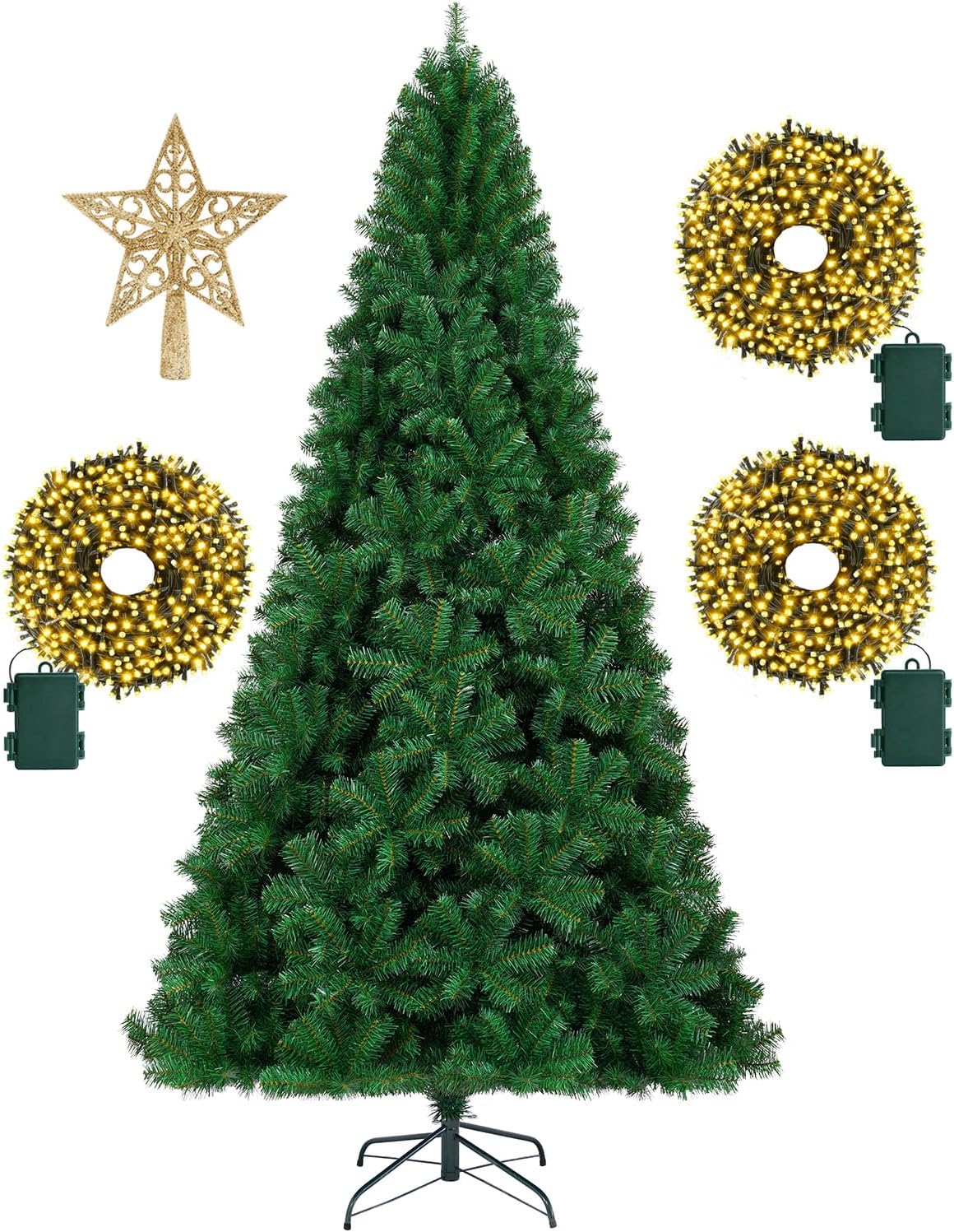 KTKDE Árbol de Navidad artificial de abeto de 7 pies, árbol de Navidad verde realista con 1.450 puntas de árbol, 300 postes de luz LED alimentados por pilas, pentáculo dorado de 7.8 pulgadas, perfecto