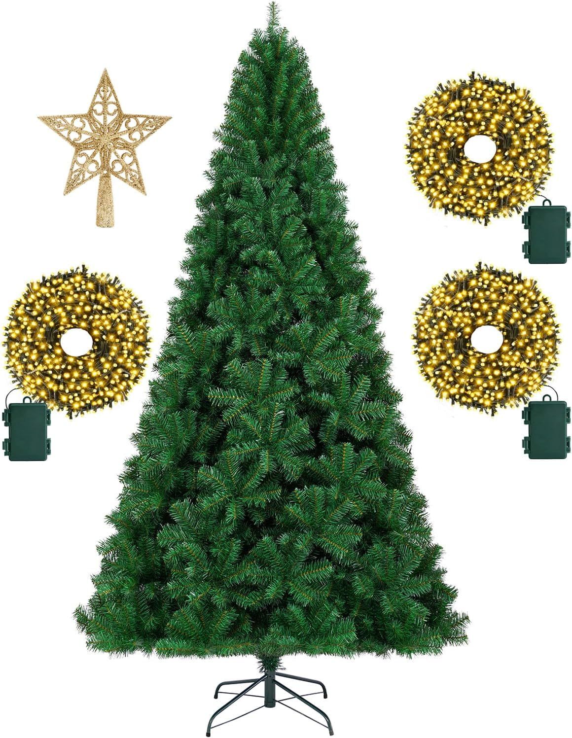 KTKDE Árbol de Navidad artificial de abeto de 7 pies, árbol de Navidad verde realista con 1.450 puntas de árbol, 300 postes de luz LED alimentados por pilas, pentáculo dorado de 7.8 pulgadas, perfecto