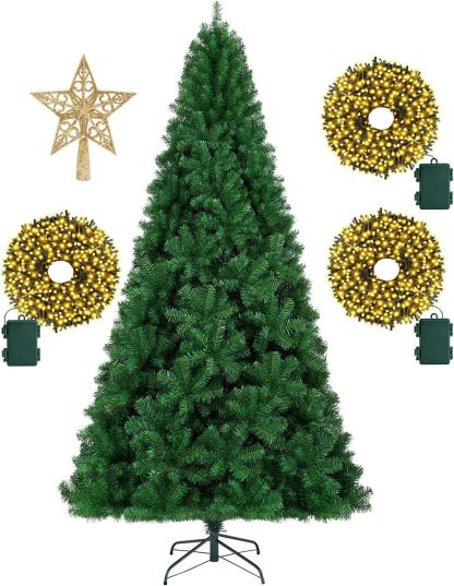 KTKDE Árbol de Navidad artificial de abeto de 7 pies, árbol de Navidad verde realista con 1.450 puntas de árbol, 300 postes de luz LED alimentados por pilas, pentáculo dorado de 7.8 pulgadas, perfecto