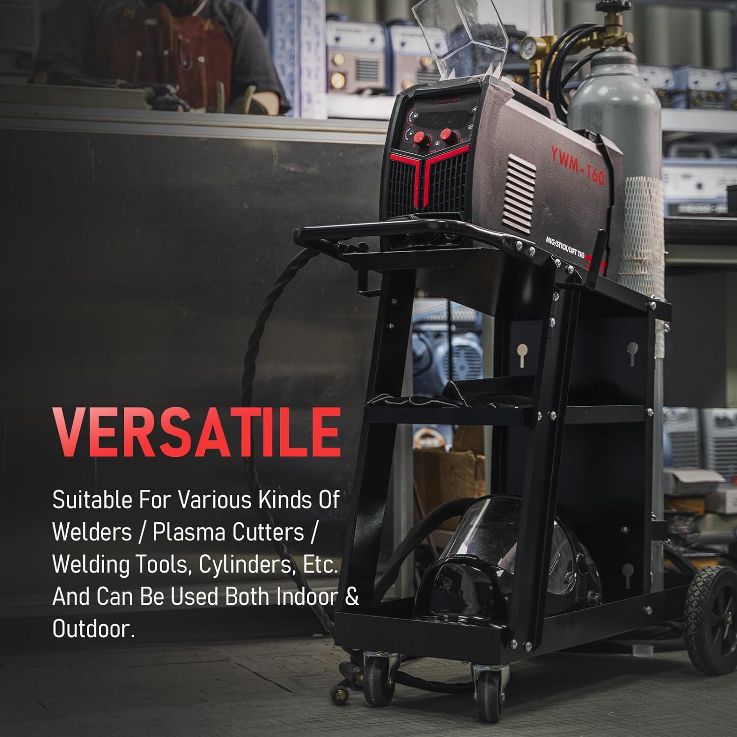 YESWELDER Carro de soldadura con 4 cajones para soldador MIG TIG y cortador de plasma, resistente y de gran capacidad de almacenamiento 360°