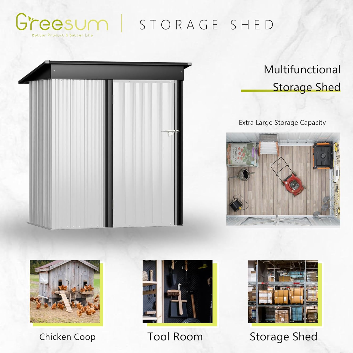 Greesum - Cobertizo de almacenamiento de metal para exteriores, 5 pies x 3 pies, herramienta de acero para cobertizo de almacenamiento con puerta y cerradura, para patio trasero, jardín, patio, césped (5 x 3 pulgadas), color café