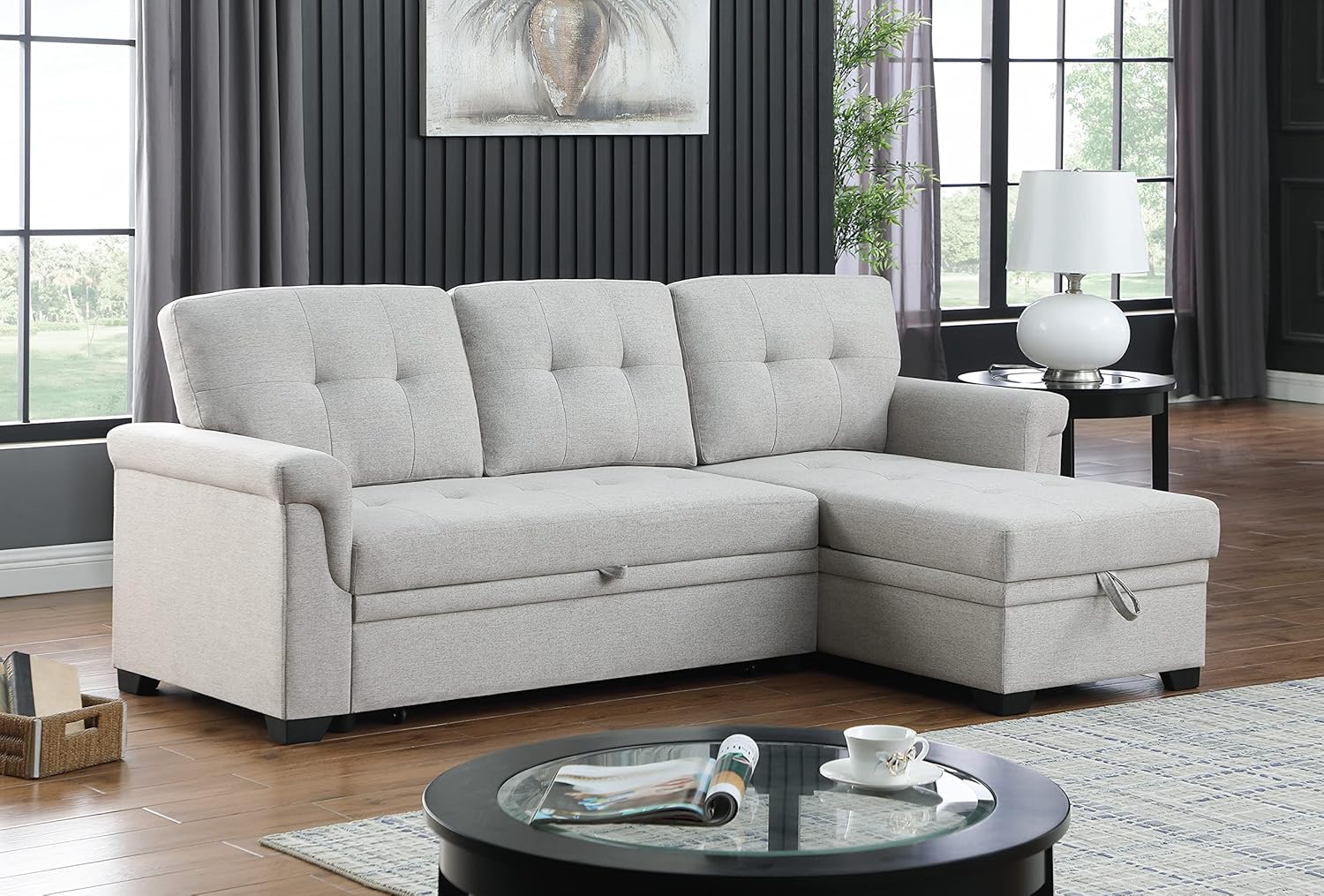 Lilola Home Lucca - Sofá seccional Reversible de Lino Gris Claro con diván de Almacenamiento