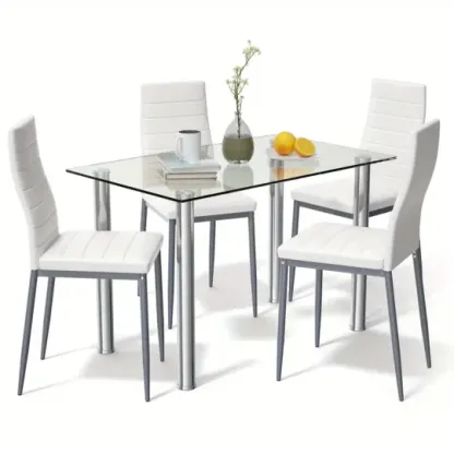 Conjunto de comedor de 5 piezas, mesa y 4 sillas, muebles de cocina y desayuno de vidrio y metal.