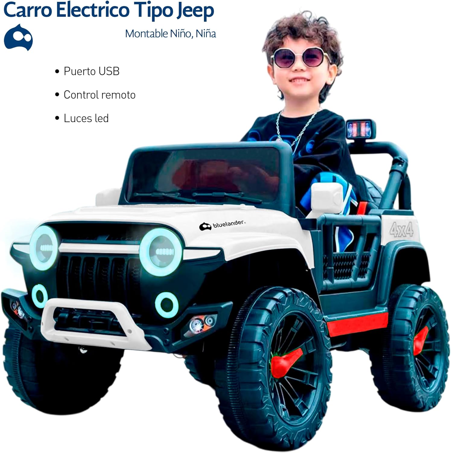 Bluelander Carro Electrico Tipo Jeep Montable Niño Niña, 69*61*105 Cm, Carro Electrico 5 KM/H, Carrito Montable Electrico Musical, Luz Led, Control Remoto, Puerto USB, MIC, Bateria Recargable (Rojo)