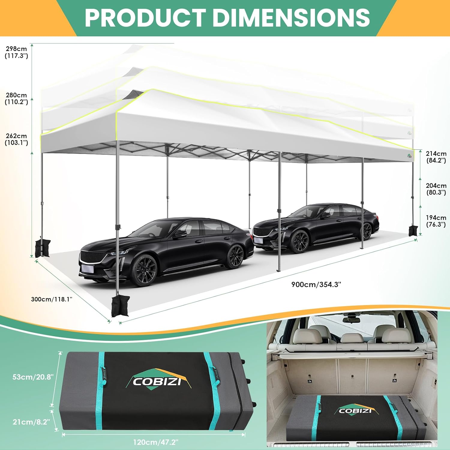 COBIZI - Tienda de campaña desplegable de 10 x 20 Pulgadas, Tienda de campaña instantánea Comercial para Bodas, Fiestas con 3 Altura Ajustable, toldo Ez Up para Exteriores, Impermeable, UPF50+ con